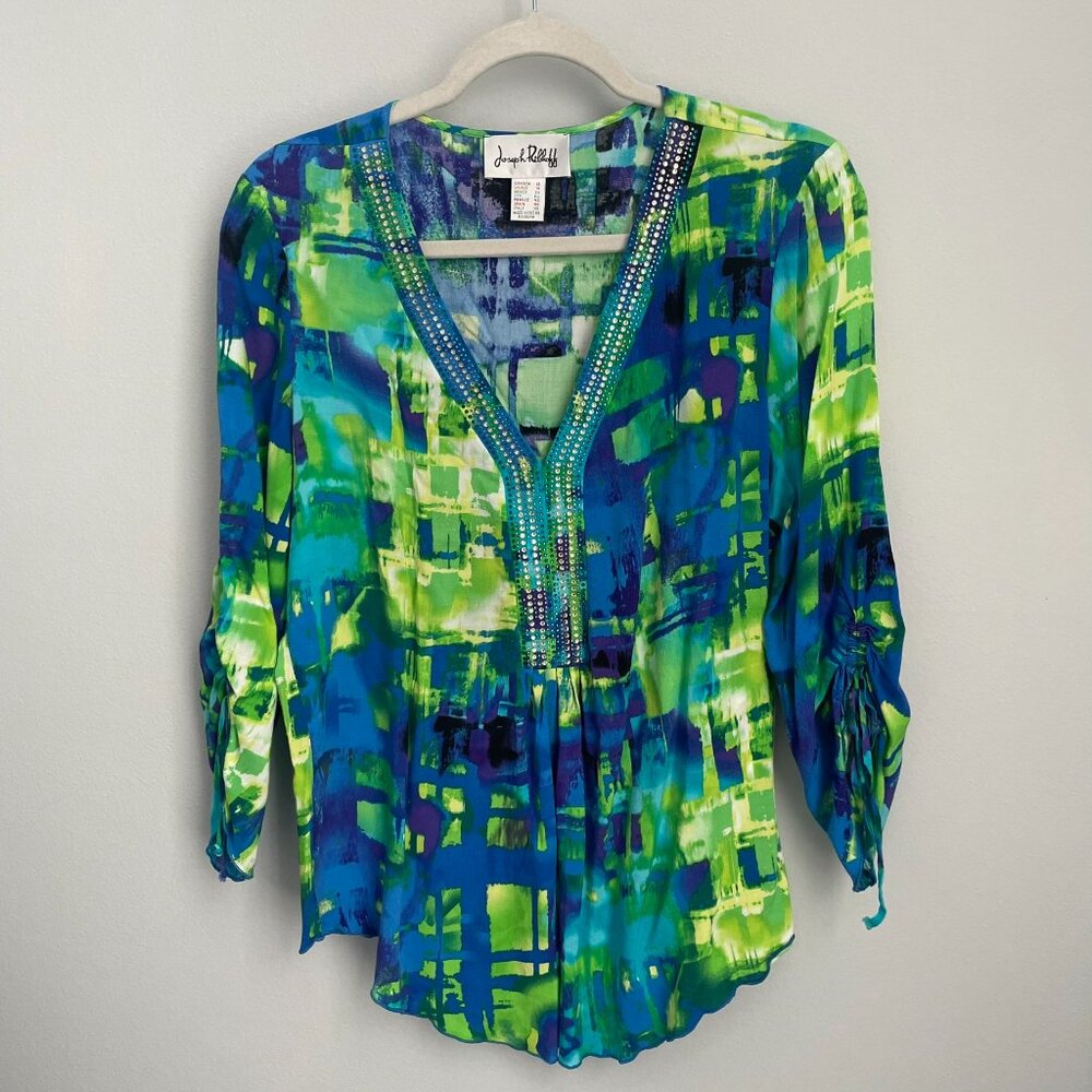 Joseph Ribkoff Women’s Size 12 Blue Green Rhinestone Top Blouse Three Quarter